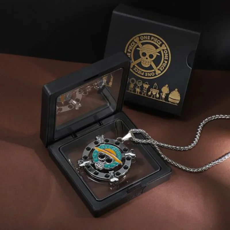 Anime Pirate Medallion Pendant Necklace Set - Vintage Straw Hat & Heart Jolly Roger Medals - Retro Blue Face Emblem Stainless Steel Chain Jewelry - Nostalgic Manga Fan Gift with Premium Display Box