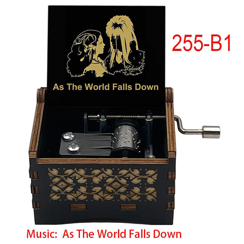 Classic Fantasy Ballad Wooden Music Box - Retro Hand Cranked Musical Gift with As The World Falls Down Quote - Romantic Laser Engraved Silhouette Keepsake for Anniversary, Birthday & Desk Decor