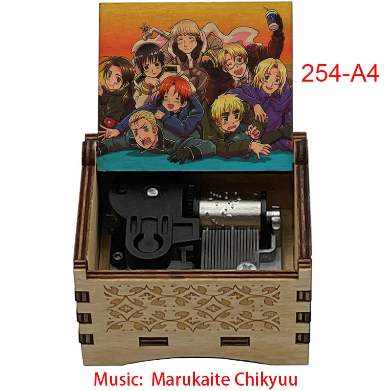 Anime Axis Powers Wooden Music Box - Vintage Hand-Crank Engraved Wooden Musical Toy - Retro Axis & Allies Character Art Print Musicbox - Collectible Nostalgic Fan Gift for Birthday & Room Display