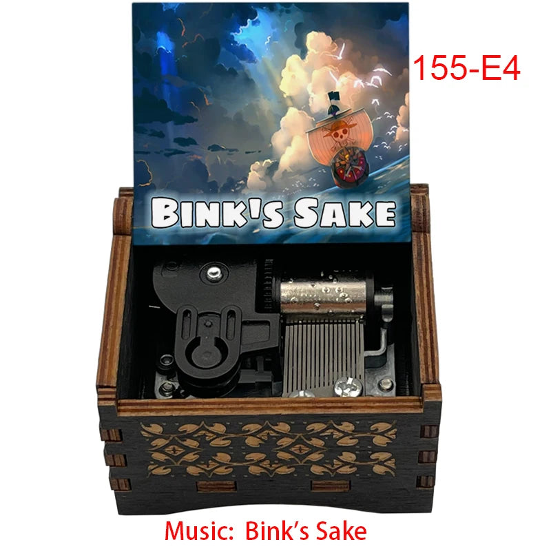Anime Pirate Brook Wooden Music Box - Bink's Sake Engraved Hand-Crank Musical Toy - Retro Soul King Laser Etched Musicbox - Collectible Nostalgic Fan Gift for Birthday & Room Display