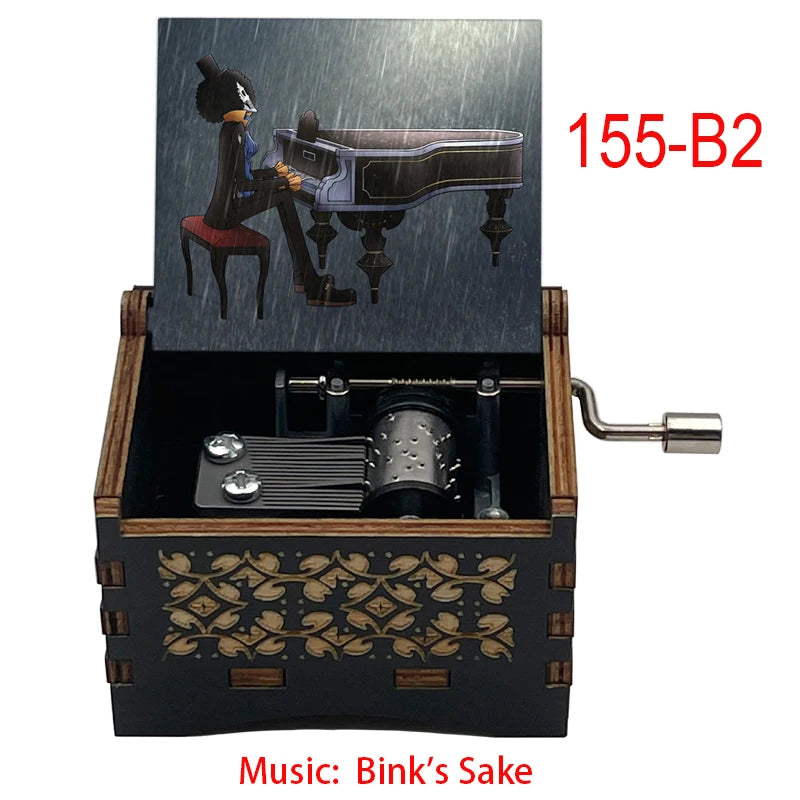 Anime Pirate Brook Wooden Music Box - Bink's Sake Engraved Hand-Crank Musical Toy - Retro Soul King Laser Etched Musicbox - Collectible Nostalgic Fan Gift for Birthday & Room Display