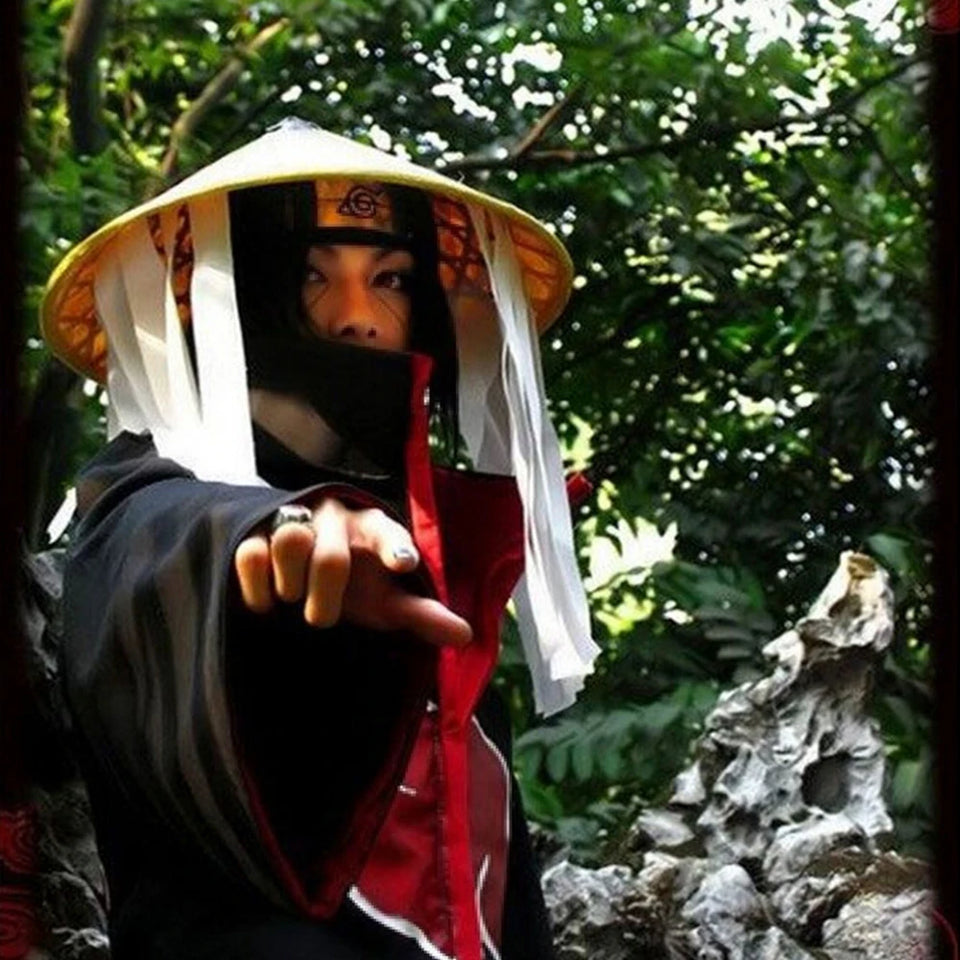 Akatsuki Uchiha Itachi Cloak Set - Naruto Cosplay Long Black Robe with Embroidered Red Clouds - Complete Ninja Outfit Costume with Headband, Ring & Accessories - Kids & Adults Halloween Carnival Cape