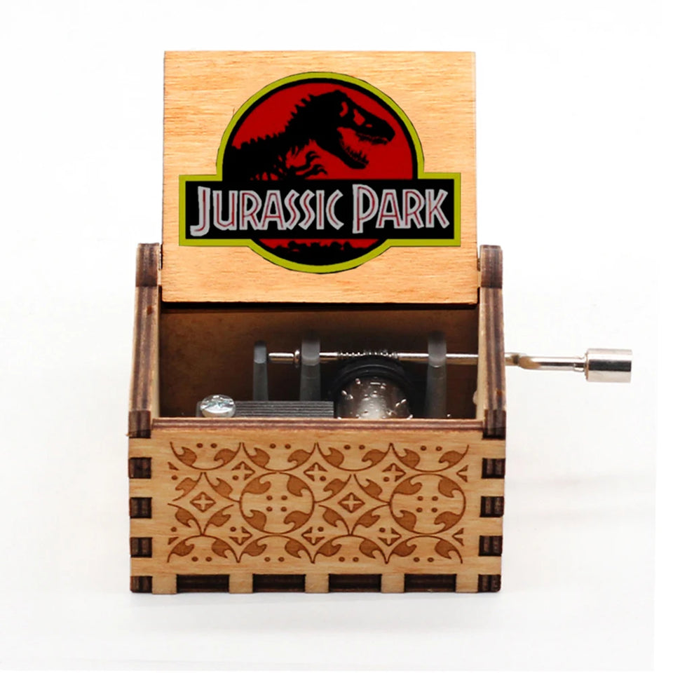 Jurassic Park Hand-Crank Wooden Music Box - Laser-Engraved Movie Theme Replica - Classic Dinosaur Adventure Souvenir & Collector’s Keepsake