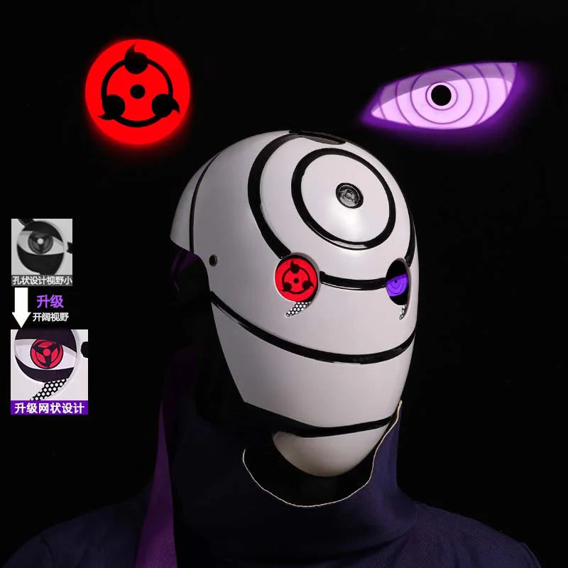 Naruto Obito War Mask with LED Glowing Eyes - Tobi White Rinnegan & Sharingan Illuminated Cosplay Helmet - Full-Face Light-Up Mask for Anime Conventions, Halloween & Displays