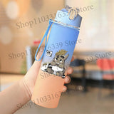 Cute Anime Forest Spirit Water Bottle - Premium Frosted Pastel Gradient Leakproof Drinkware - Kawaii Fantastic Creatures Flip-Top Sport Flask with Strap - Aesthetic Manga Fan Gift for School, Gym & Travel