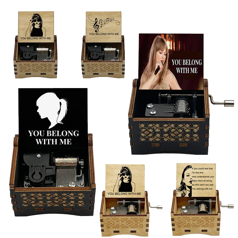 "You Belong With Me" Hand-Crank Wooden Music Box - Taylor Swift Inspired Fan Souvenir - Laser-Engraved Lyrics & Portrait - Limited Edition Musical Keepsake Gift