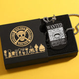 Anime Pirate Bounty Dog Tag Necklace - Vintage Monkey D Luffy Wanted Poster Pendant - Stainless Steel Braided Wheat Chain Jewelry - Nostalgic Manga Fan Gift with Premium Display Box