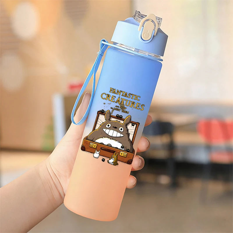 Cute Anime Forest Spirit Water Bottle - Premium Frosted Pastel Gradient Leakproof Drinkware - Kawaii Fantastic Creatures Flip-Top Sport Flask with Strap - Aesthetic Manga Fan Gift for School, Gym & Travel