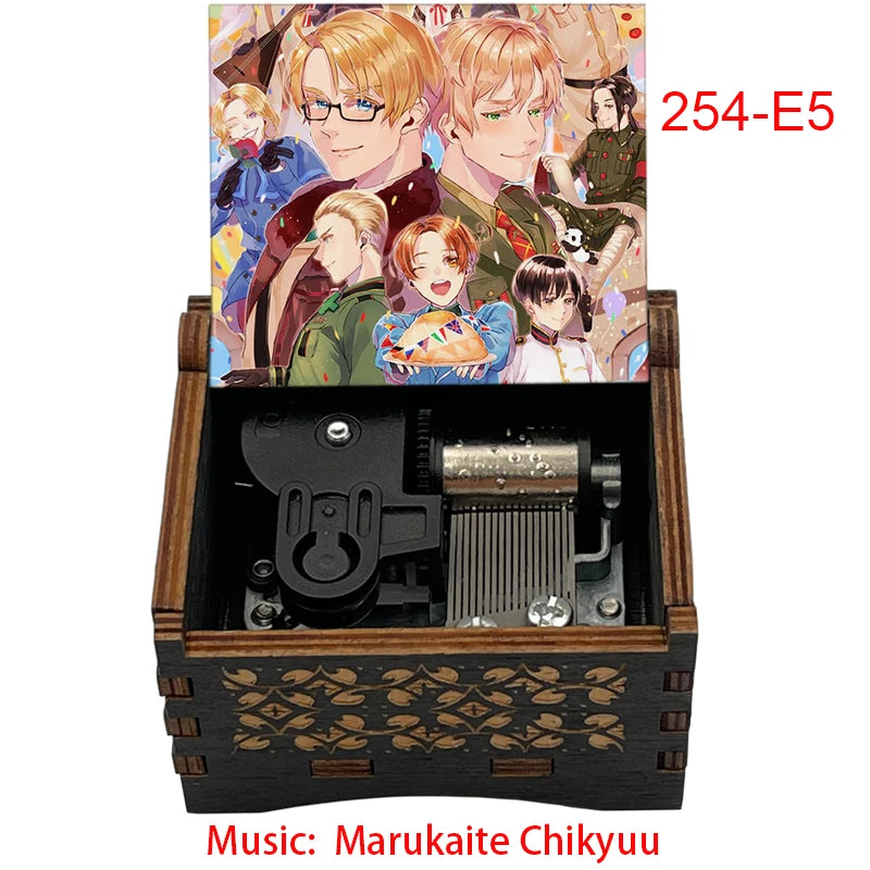 Anime Axis Powers Wooden Music Box - Vintage Hand-Crank Engraved Wooden Musical Toy - Retro Axis & Allies Character Art Print Musicbox - Collectible Nostalgic Fan Gift for Birthday & Room Display