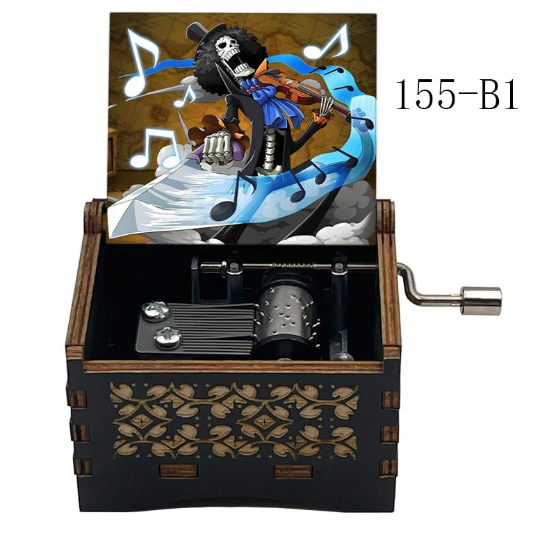 Anime Pirate Brook Wooden Music Box - Bink's Sake Engraved Hand-Crank Musical Toy - Retro Soul King Laser Etched Musicbox - Collectible Nostalgic Fan Gift for Birthday & Room Display