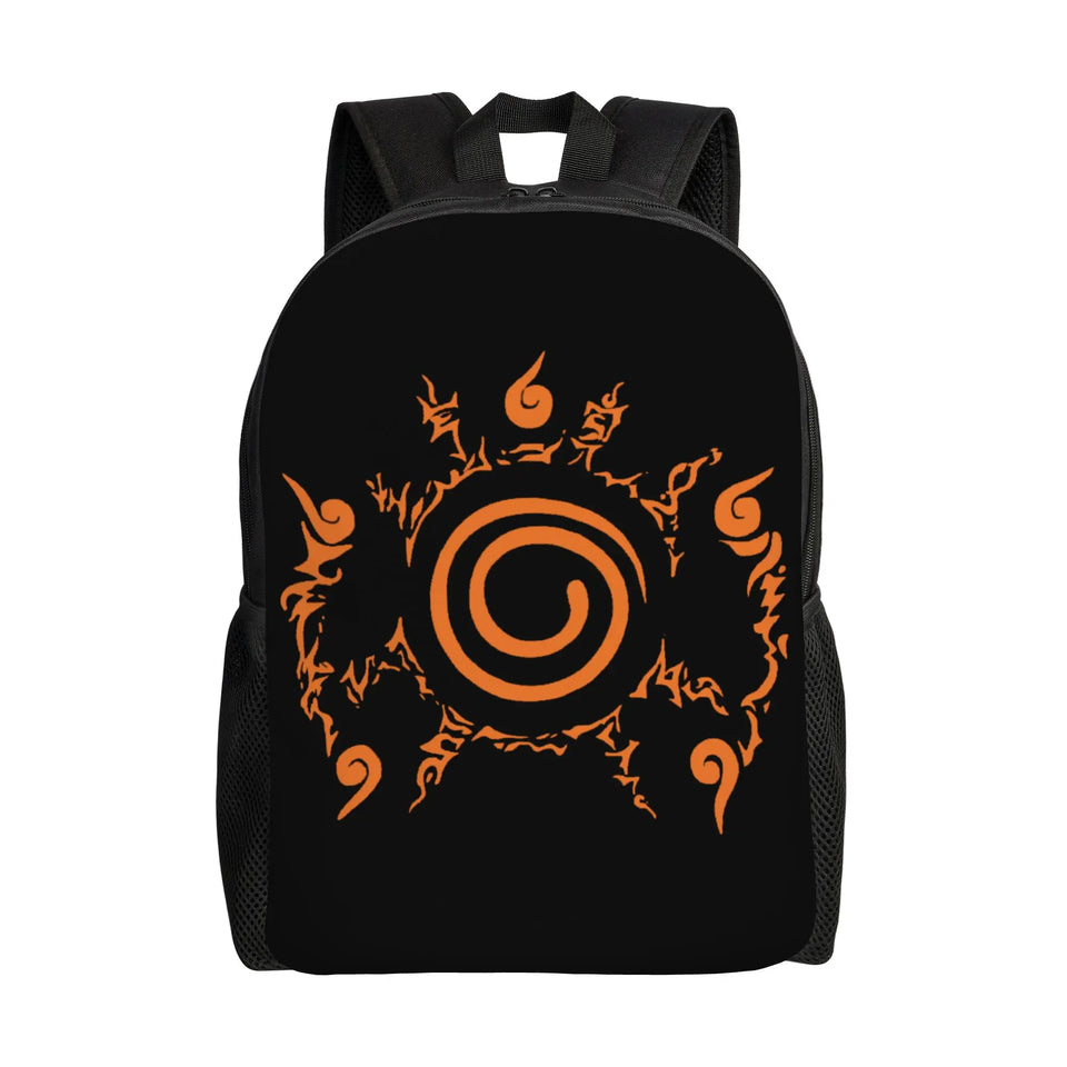 Naruto Eight Trigrams Sealing Emblem Backpack - Minimalist Nine-Tails Seal Symbol Canvas Bookbag - Black Anime Laptop Daypack for Students, Travel & Cosplay