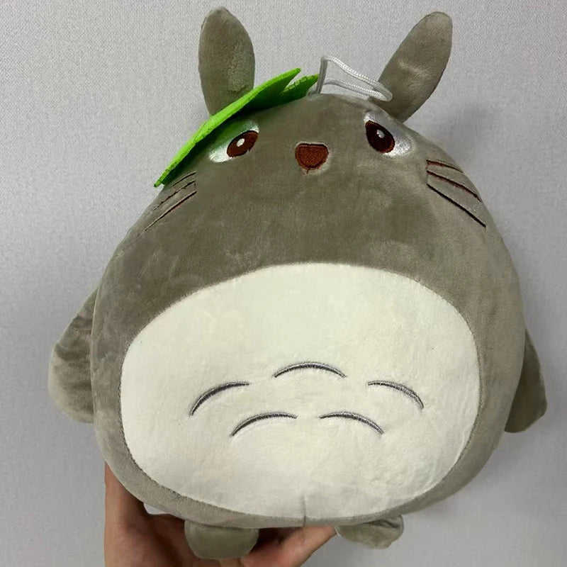 Anime Grey Forest Spirit Plush Toy - Cute Round Totoro Leaf Plushie Cushion - Kawaii Fluffy Chonky Animal Stuffed Doll - Collectible Nostalgic Fan Gift for Kids Room & Bed Desk Display