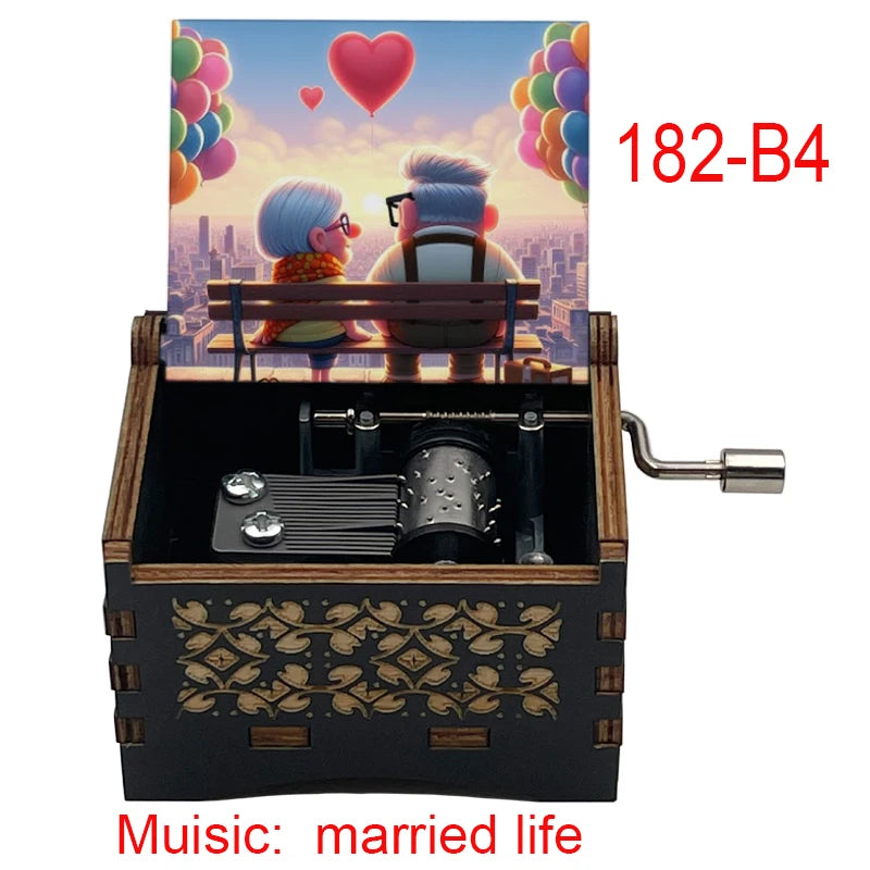 Disney-Pixar "Up" Hand-Crank Wooden Music Box - Married Life Theme Melody - Laser-Engraved Carl & Ellie Keepsake - Heartwarming Anniversary & Adventure Gift