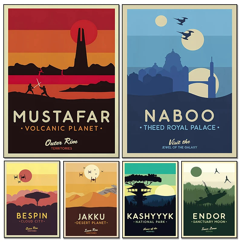 Star Wars Travel Poster Canvas Wall Art - Vintage Retro Planet Prints - Minimalist Sci-Fi Movie Decor for Home, Office, or Game Room - Naboo, Mustafar & Endor Editions