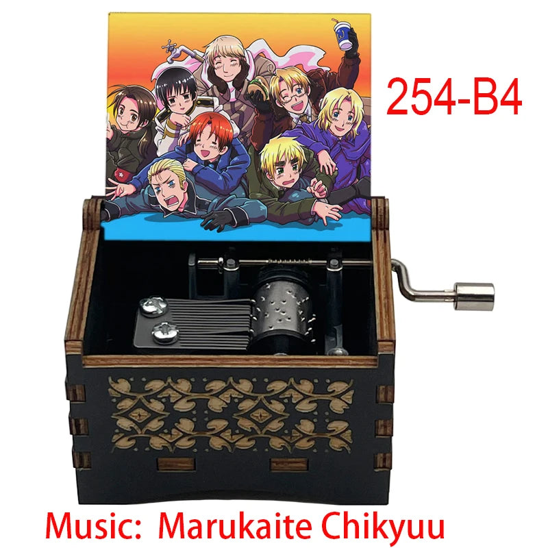 Anime Axis Powers Wooden Music Box - Vintage Hand-Crank Engraved Wooden Musical Toy - Retro Axis & Allies Character Art Print Musicbox - Collectible Nostalgic Fan Gift for Birthday & Room Display