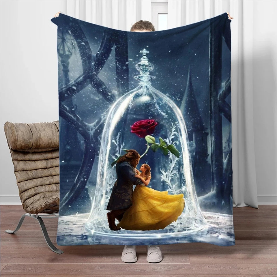 Beauty and the Beast Stained Glass Throw Blanket - Enchanted Rose & Library Fleece - Ultra-Soft Disney Wedding Gift - Belle & Prince Adam Romantic Bedroom Decor - Tale as Old as Time Reversible Couch Cover