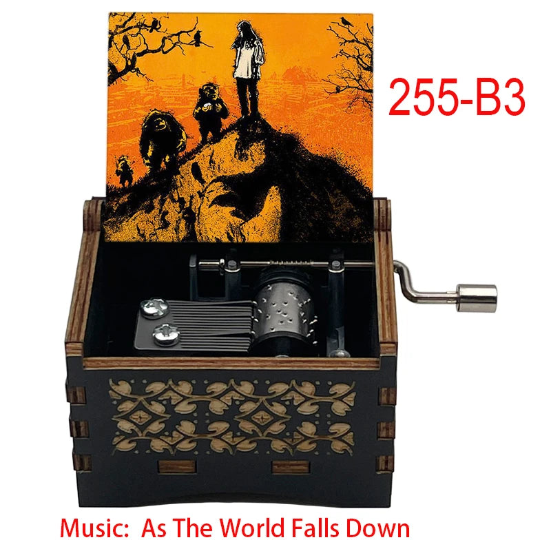 Classic Fantasy Ballad Wooden Music Box - Retro Hand Cranked Musical Gift with As The World Falls Down Quote - Romantic Laser Engraved Silhouette Keepsake for Anniversary, Birthday & Desk Decor