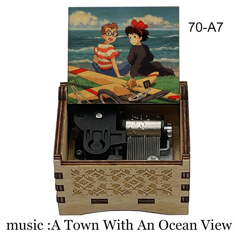 Kiki's Delivery Service Hand-Crank Wooden Music Box - "A Town with an Ocean View" Melody - Laser-Engraved Jiji & Kiki Silhouette - Studio Ghibli Inspired Musical Keepsake