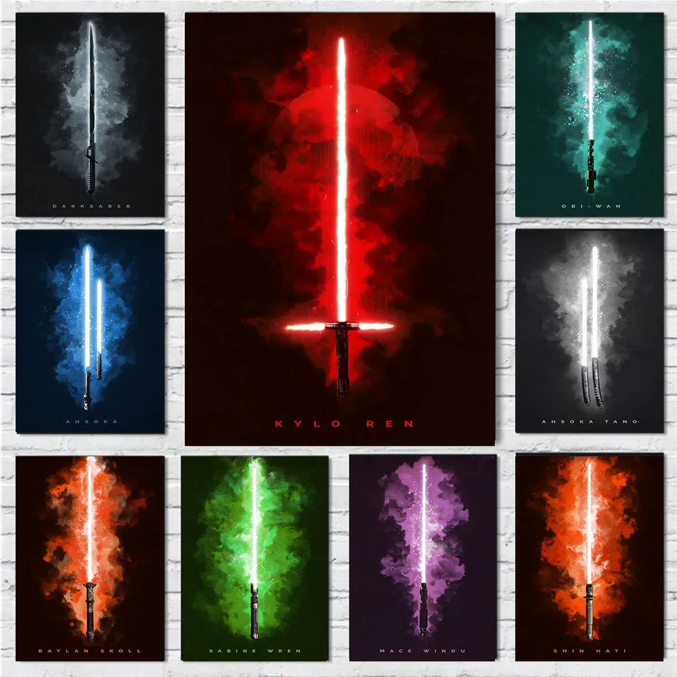 Star Wars Lightsaber Canvas Wall Art - Iconic Jedi & Sith Weaponry Prints - Minimalist Sci-Fi Movie Decor for Home, Office, or Game Room - Kylo Ren, Ahsoka Tano & Obi-Wan Editions