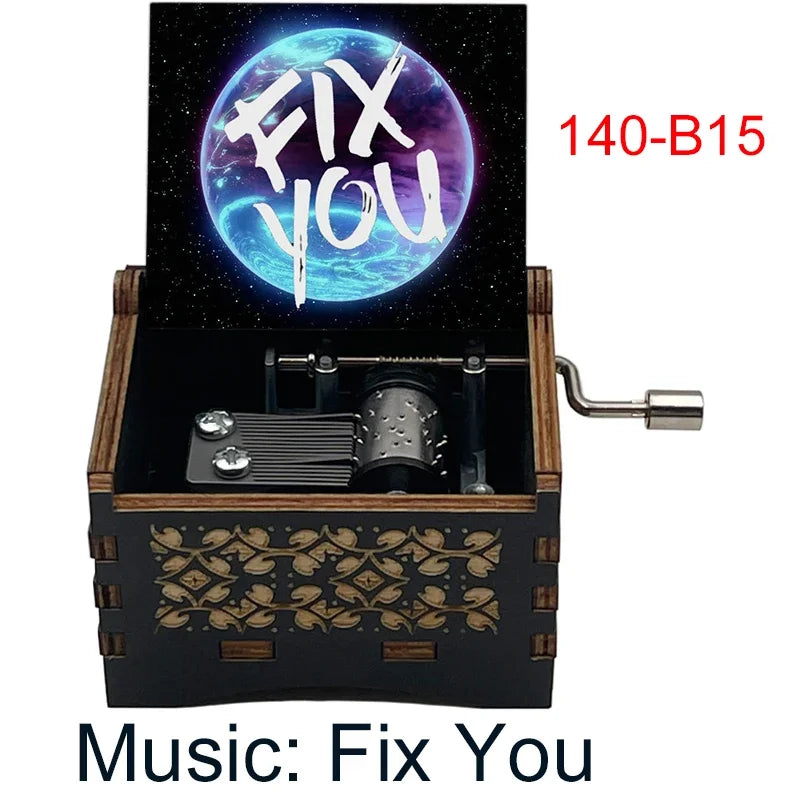 Classic Alternative Rock Hand-Crank Wooden Music Box - Fix You Laser Engraved Vintage Musical Toy - Retro Band Silhouette & Quote Lyric Musicbox - Nostalgic Music Lover Gift for Birthday & Desk Display