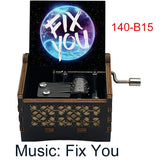 Classic Alternative Rock Hand-Crank Wooden Music Box - Fix You Laser Engraved Vintage Musical Toy - Retro Band Silhouette & Quote Lyric Musicbox - Nostalgic Music Lover Gift for Birthday & Desk Display