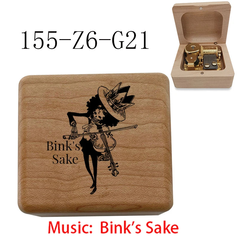 Anime Pirate Brook Wooden Music Box - Bink's Sake Engraved Hand-Crank Musical Toy - Retro Soul King Laser Etched Musicbox - Collectible Nostalgic Fan Gift for Birthday & Room Display