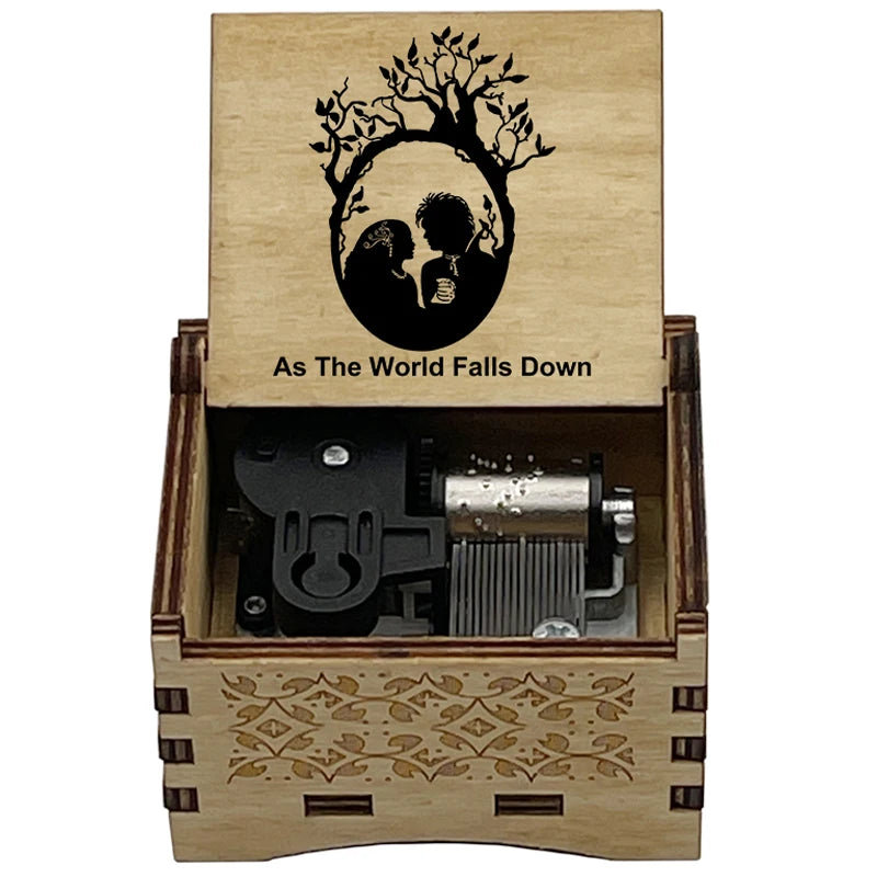 Classic Fantasy Ballad Wooden Music Box - Retro Hand Cranked Musical Gift with As The World Falls Down Quote - Romantic Laser Engraved Silhouette Keepsake for Anniversary, Birthday & Desk Decor