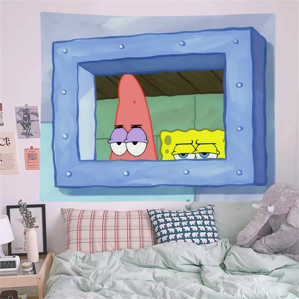 Squidward Looking Out Window Wall Tapestry - Iconic SpongeBob Meme Home Decor - Premium Fabric Bedroom Hanging - Funny Bikini Bottom Aesthetic Art for Game Rooms & Dorms