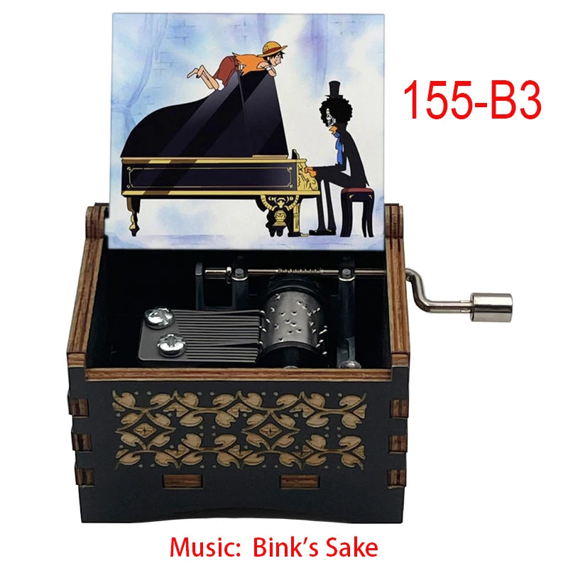 Anime Pirate Brook Wooden Music Box - Bink's Sake Engraved Hand-Crank Musical Toy - Retro Soul King Laser Etched Musicbox - Collectible Nostalgic Fan Gift for Birthday & Room Display