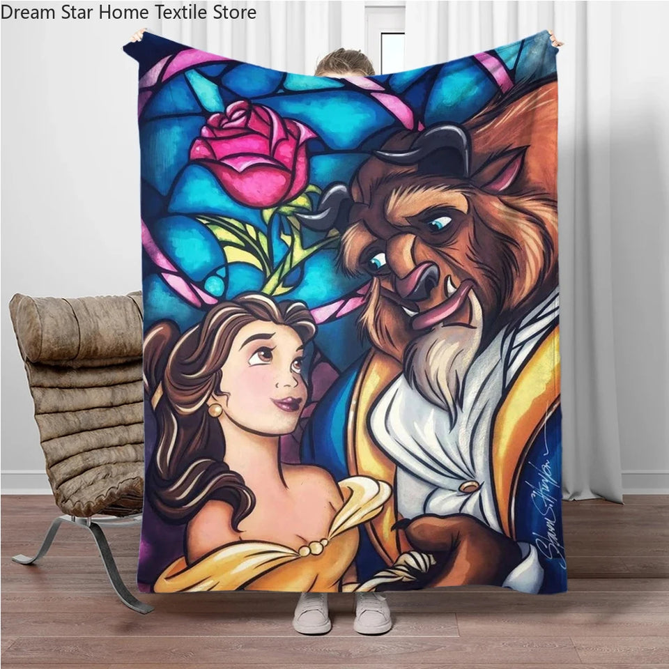 Beauty and the Beast Stained Glass Throw Blanket - Enchanted Rose & Library Fleece - Ultra-Soft Disney Wedding Gift - Belle & Prince Adam Romantic Bedroom Decor - Tale as Old as Time Reversible Couch Cover