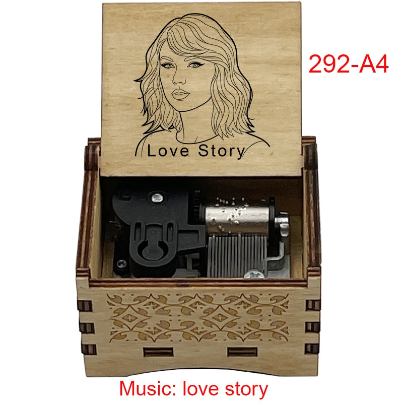 "Love Story" Hand-Crank Wooden Music Box - Taylor Swift Inspired Fan Souvenir - Laser-Engraved Portrait & Classic Lyric Motif - Premium Musical Keepsake Gift