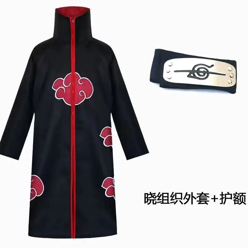 Akatsuki Uchiha Itachi Cloak Set - Naruto Cosplay Long Black Robe with Embroidered Red Clouds - Complete Ninja Outfit Costume with Headband, Ring & Accessories - Kids & Adults Halloween Carnival Cape