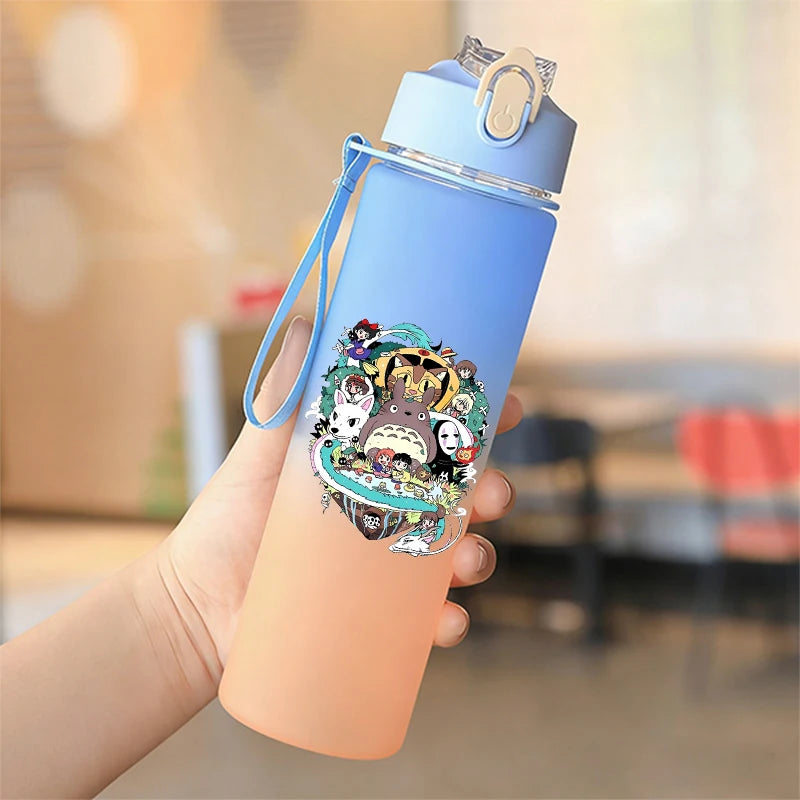 Cute Anime Forest Spirit Water Bottle - Premium Frosted Pastel Gradient Leakproof Drinkware - Kawaii Fantastic Creatures Flip-Top Sport Flask with Strap - Aesthetic Manga Fan Gift for School, Gym & Travel