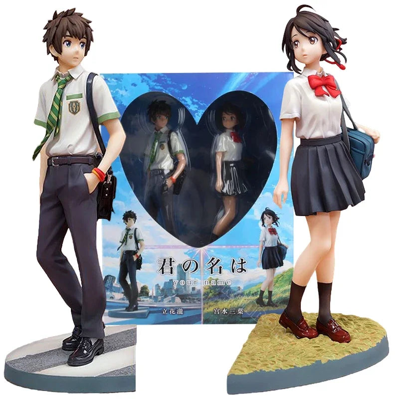Your Name Anime Figure Set - Premium Taki Tachibana & Mitsuha Miyamizu Uniform Statue - Kimi no Na wa Interlocking Diorama Base Model - Romantic Shinkai Film Collectible Fan Gift with Heart Window Box - (22CM)
