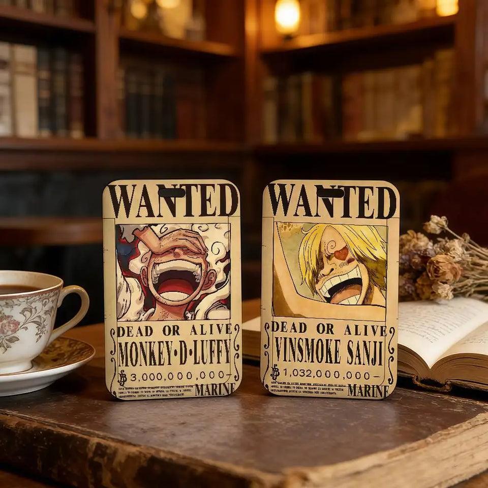 Anime Pirate Wanted Poster Luggage Tag - Vintage Monkey D Luffy Gear 5 Bounty Card - Retro Vinsmoke Sanji & Nico Robin Travel ID Bag Tag - Nostalgic Manga Fan Gift for Backpack, Suitcase & Keychain