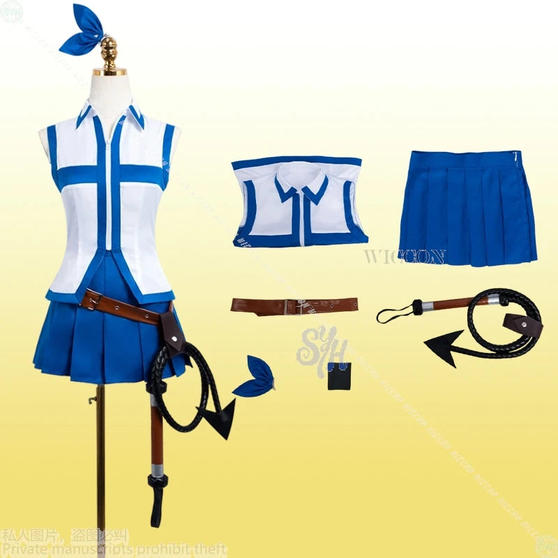 Fairy Tail Lucy Heartfilia Cosplay Costume Set - Sleeveless Top, Pleated Skirt, Belt, Whip Prop & Blonde Wig - Complete Anime Outfit for Conventions & Halloween