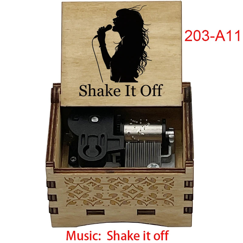 "Shake It Off" Hand-Crank Wooden Music Box - Taylor Swift Inspired Fan Souvenir - Laser-Engraved Pop Icon Silhouette & Lyric - Unique Musical Keepsake Gift