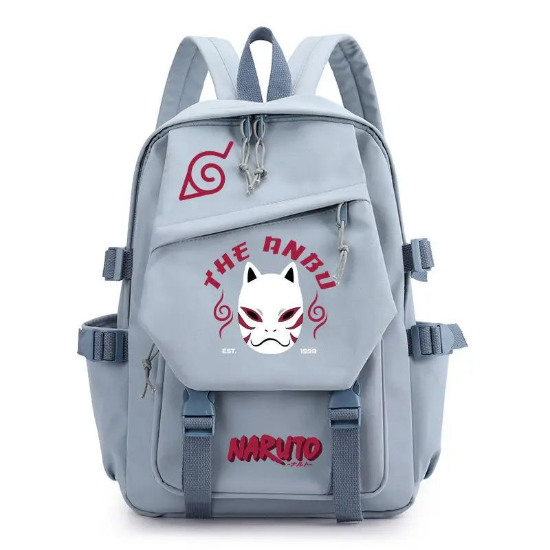 Anime Tactical Buckle Canvas Backpack - Leaf Village & Anbu Mask Graphic School Bookbag with Laptop Sleeve - Aesthetic Multi-Pocket Travel Rucksack for Students & Anime Fans