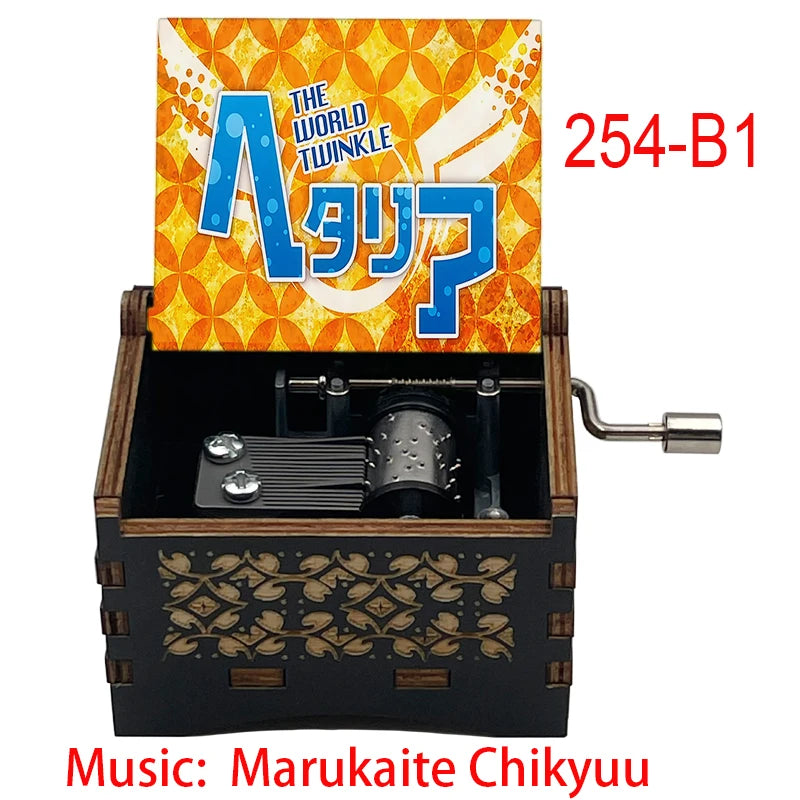 Anime Axis Powers Wooden Music Box - Vintage Hand-Crank Engraved Wooden Musical Toy - Retro Axis & Allies Character Art Print Musicbox - Collectible Nostalgic Fan Gift for Birthday & Room Display
