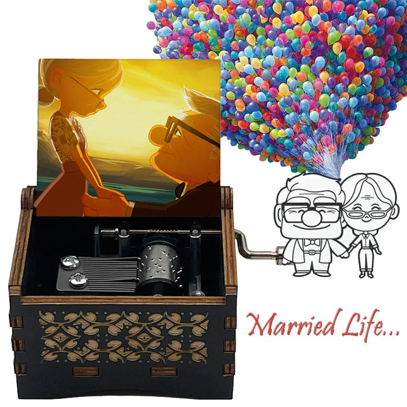Disney-Pixar "Up" Hand-Crank Wooden Music Box - Married Life Theme Melody - Laser-Engraved Carl & Ellie Keepsake - Heartwarming Anniversary & Adventure Gift
