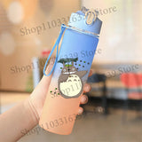 Cute Anime Forest Spirit Water Bottle - Premium Frosted Pastel Gradient Leakproof Drinkware - Kawaii Fantastic Creatures Flip-Top Sport Flask with Strap - Aesthetic Manga Fan Gift for School, Gym & Travel