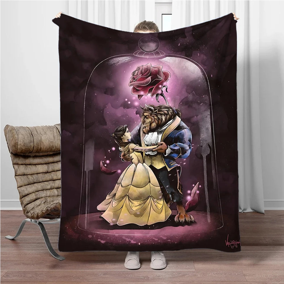 Beauty and the Beast Stained Glass Throw Blanket - Enchanted Rose & Library Fleece - Ultra-Soft Disney Wedding Gift - Belle & Prince Adam Romantic Bedroom Decor - Tale as Old as Time Reversible Couch Cover