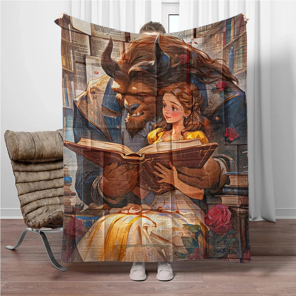 Beauty and the Beast Stained Glass Throw Blanket - Enchanted Rose & Library Fleece - Ultra-Soft Disney Wedding Gift - Belle & Prince Adam Romantic Bedroom Decor - Tale as Old as Time Reversible Couch Cover