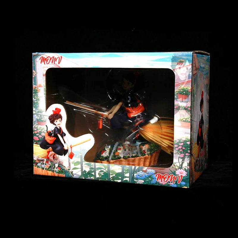 Anime Witch Delivery Service Diorama Figure - Flying Kiki Magic Broom Resin Statue - Retro Black Cat Jiji Town Base Model - Collectible Nostalgic Fan Gift for Bookshelf & Desk Display (15CM)