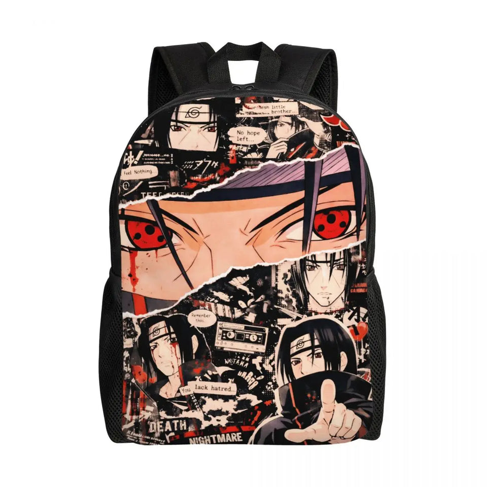Itachi Uchiha Manga Collage Backpack - Anime Torn Graphic School Bookbag with Sharingan Eyes - Durable Canvas Laptop Daypack for Anime Fans, Students & Cosplay