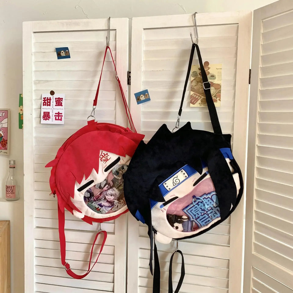 Anime Plush Ita Bag Crossbody Shoulder Bag - Clear Display Window Plushie Purse for Enamel Pins & Keychains Featuring Gaara & Sasuke - Aesthetic Ita Bag for Conventions, Cosplay & Anime Fans
