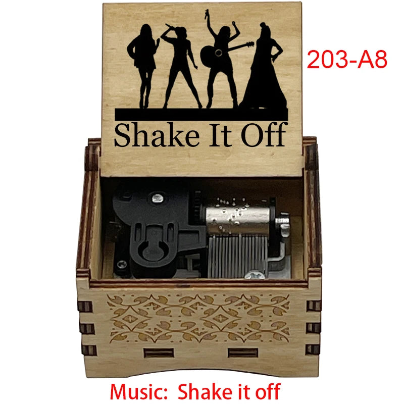 "Shake It Off" Hand-Crank Wooden Music Box - Taylor Swift Inspired Fan Souvenir - Laser-Engraved Pop Icon Silhouette & Lyric - Unique Musical Keepsake Gift