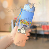 Cute Anime Forest Spirit Water Bottle - Premium Frosted Pastel Gradient Leakproof Drinkware - Kawaii Fantastic Creatures Flip-Top Sport Flask with Strap - Aesthetic Manga Fan Gift for School, Gym & Travel