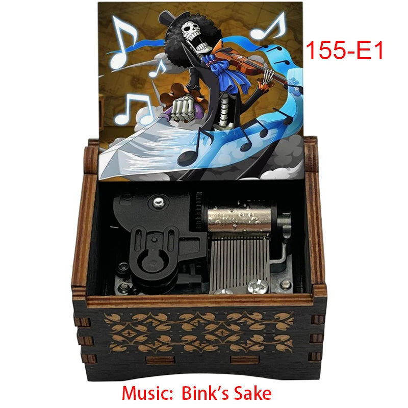 Anime Pirate Brook Wooden Music Box - Bink's Sake Engraved Hand-Crank Musical Toy - Retro Soul King Laser Etched Musicbox - Collectible Nostalgic Fan Gift for Birthday & Room Display