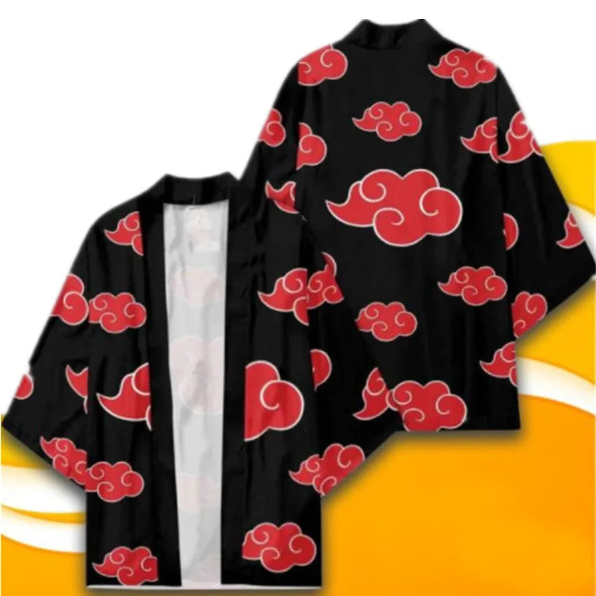 Anime Kimono Haori Cardigan Cloak - Akatsuki Red Cloud Printing Open Front Robe - Gaara Jiraiya Uchiha Unisex Graphic Yukata Jacket - Casual Streetwear Ninja Cosplay Cape Outwear